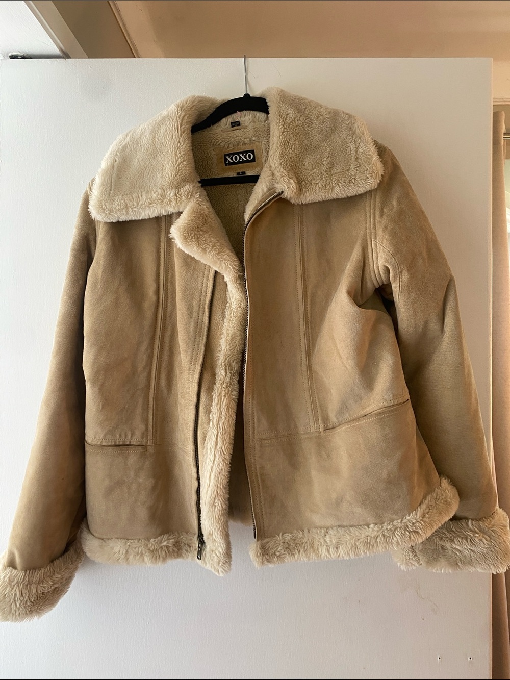 XOXO Women's Cream Shearling-Lined  Suede Jacket
